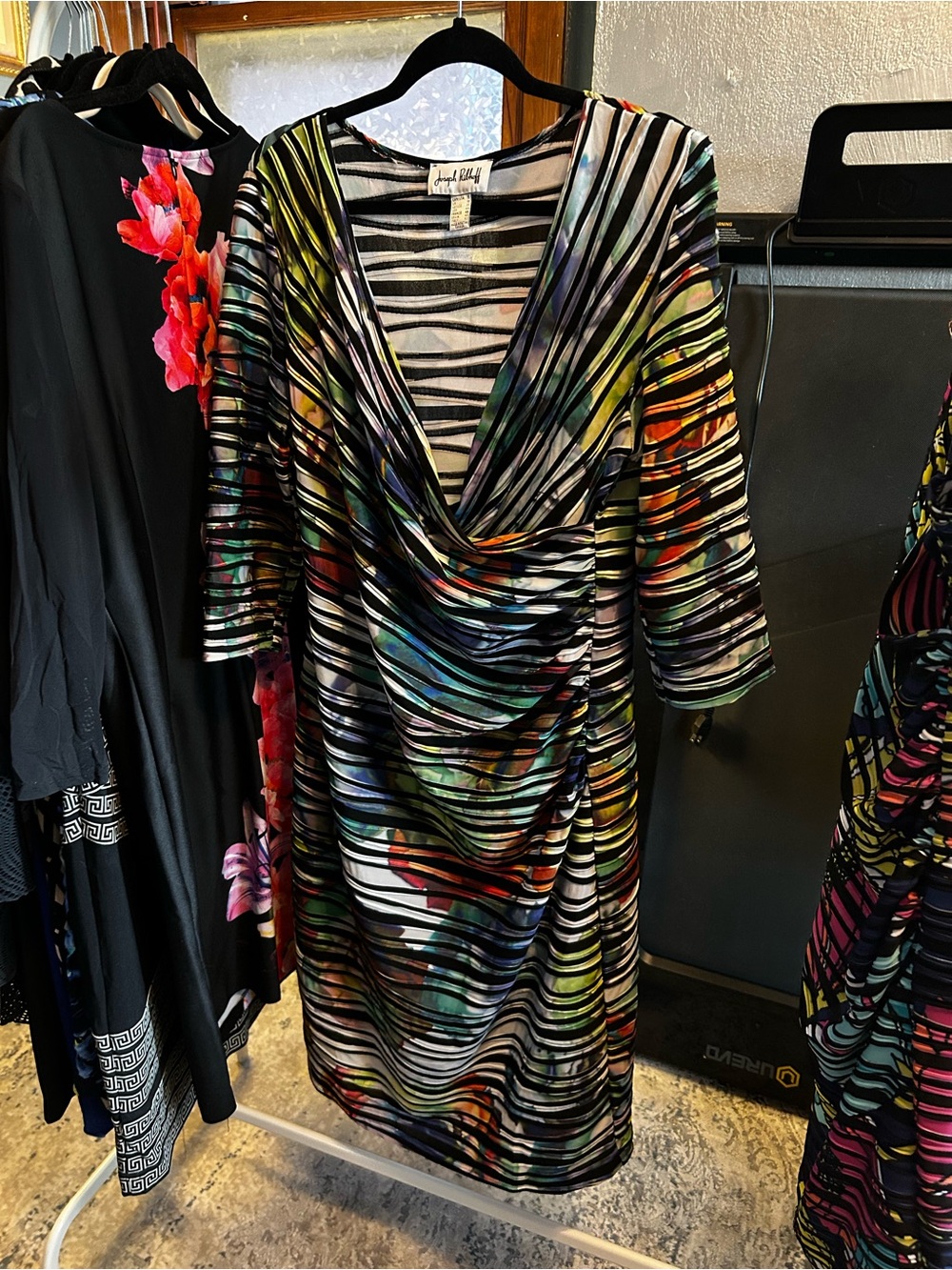 Joseph Ribkoff Multicolor Striped Wrap-Style Long Sleeve Dress